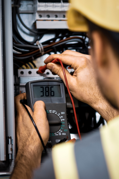 Electrician measuring voltage on an electrical panel