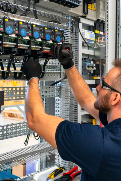 Electrician installing a new electrical panel, using tools and wearing protective gloves and glasses.