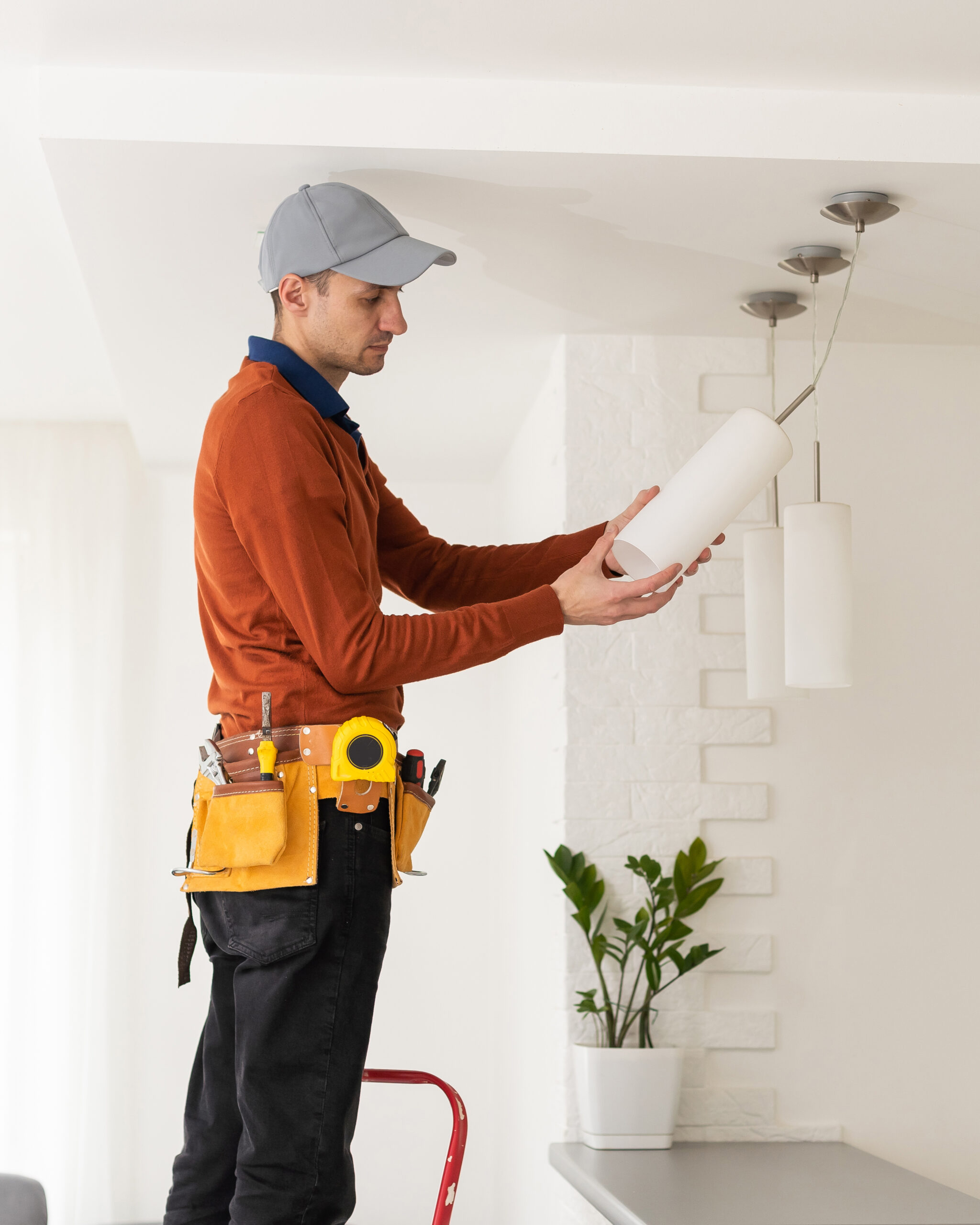 Electrician in orange sweater and tool belt installing a pendant light in a modern home interior.