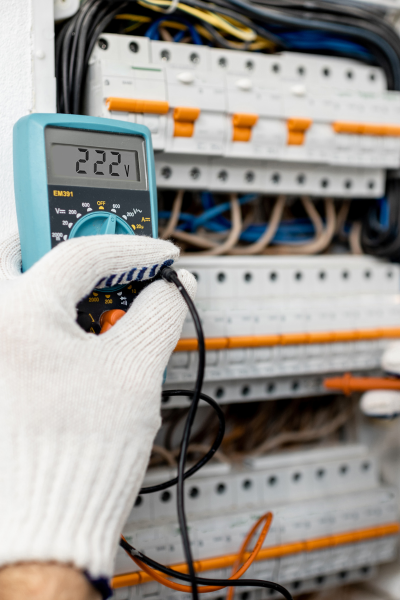 Electrician using a multimeter to measure voltage in a switchboard, wearing protective gloves.