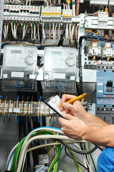 Electrician performing a safety inspection on an electrical panel, taking notes on a clipboard.