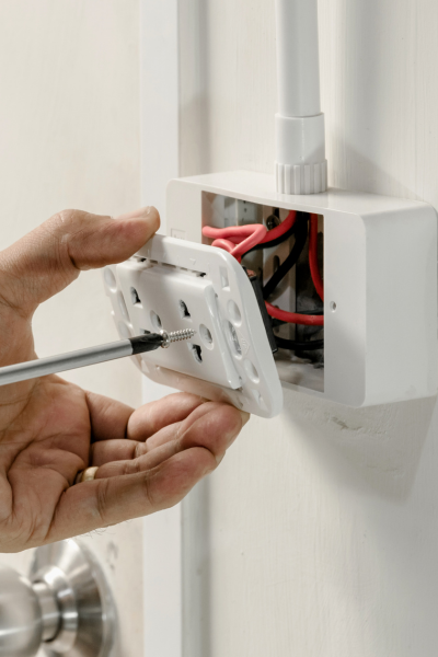 Electrician replacing an electrical outlet with a screwdriver, showing exposed wiring.