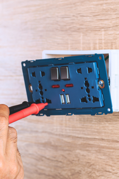 Electrician performing diagnostic and troubleshooting on a wall outlet with USB ports using a multimeter.