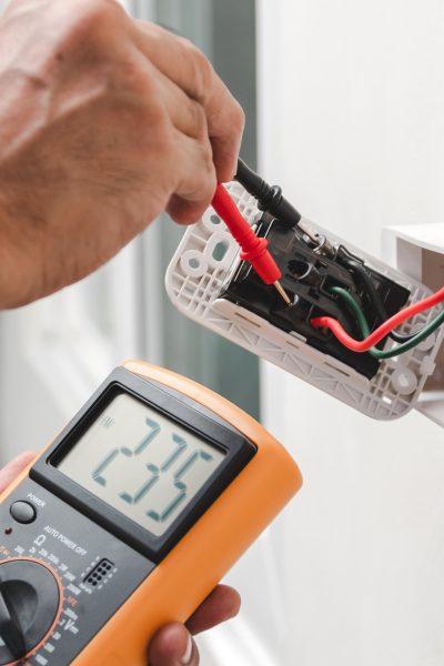 Electrician using a multimeter to perform a safety inspection on a wall outlet wiring.