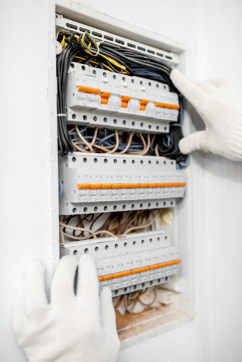 Technician with white gloves installing or repairing an electrical panel with circuit breakers, ensuring proper wiring and electrical safety in a residential setup.