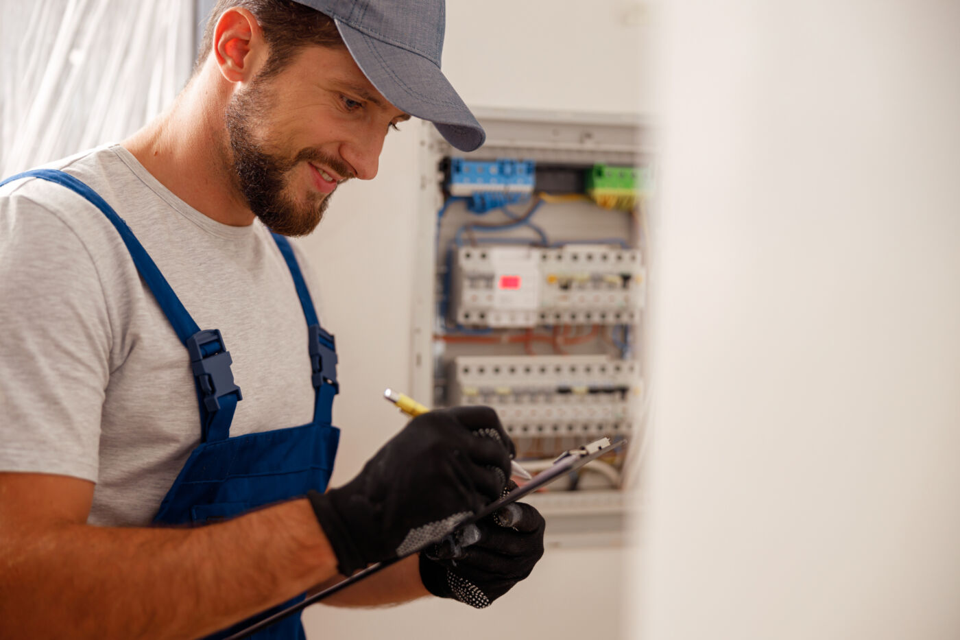 A smiling electrician ticking off tasks during an inspection.