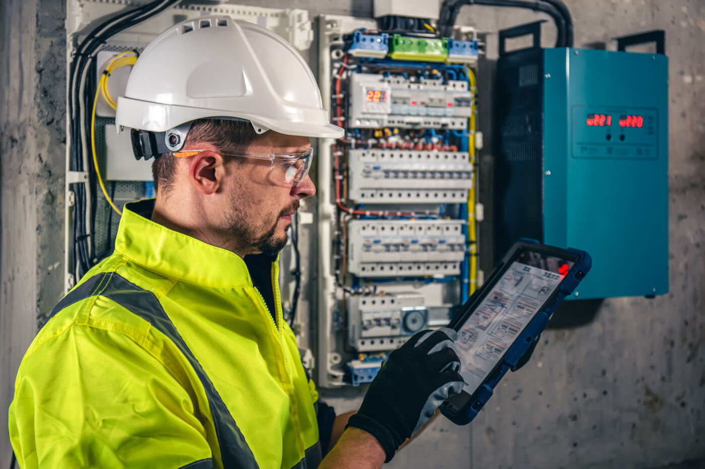 An electrical technician inspecting a plan in front of a switchboard with fuses. 